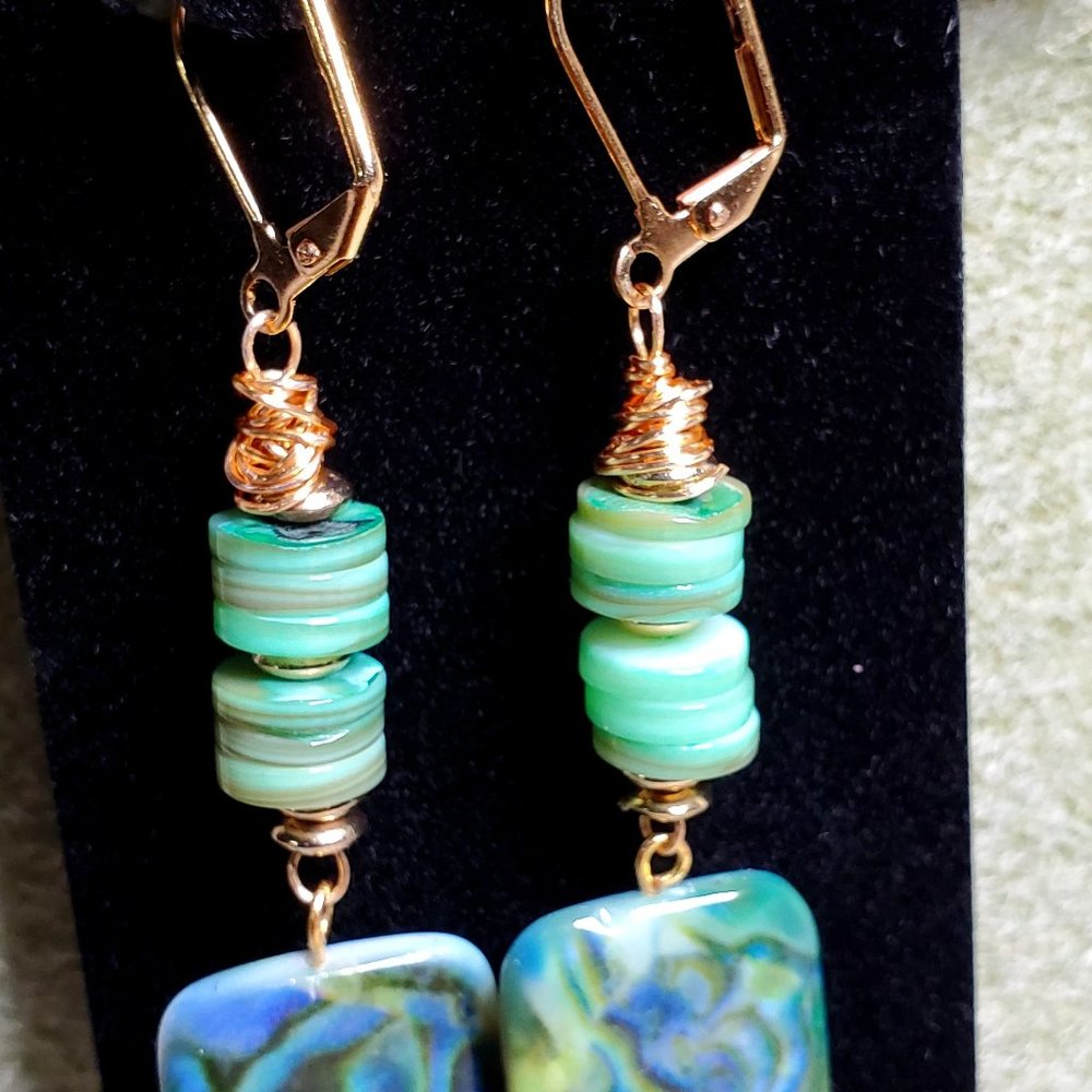 Sassy Greenish- blue , Shells Bead wrapped Dangle Earrings.